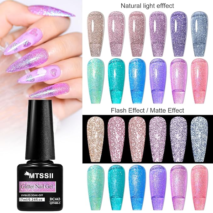 MTSSII Reflective Glitter Gel Polish Set, 12 Colors Gel Nail Polish Set Nails Gel Blue Hot Pink Purple Soak Off Uv Led Gel Nail Polish Kit Nail Gift for Her