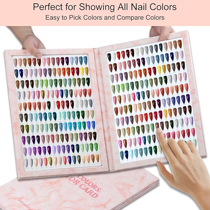 320 Nail Color Book,with 480 Flase Tips & 1-400 Number Sticker Labels,Leather Professional Nail Color Swatches Book for Polish UV Gel(Pink)