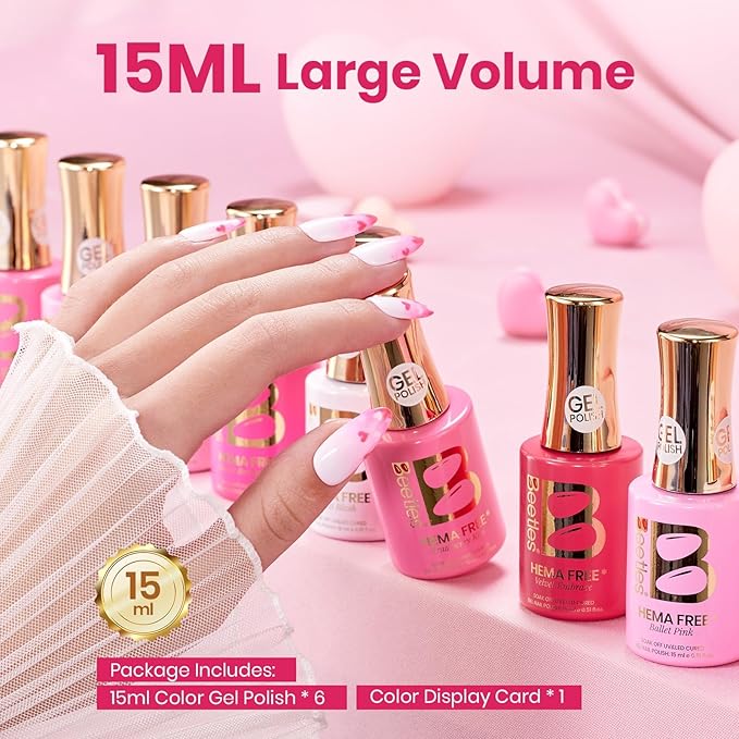 Beetles Pink Gel Polish Set - Pinks Escape 15ML/0.51Fl Oz, 6 Colors Hema Free Pink Gel Nail Polish Set, Same Color Same Bottle, Valentines Nails, Long Lasting Soak Off UV LED Nail Lamp Gifts for Her