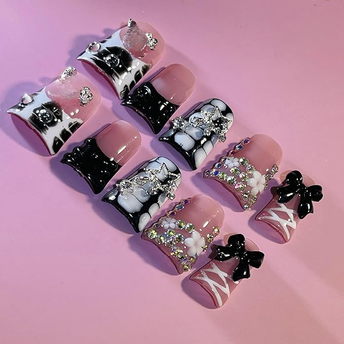 10 Pieces Luxury Acrylic Press On Nails Short Handmade Duck Nails, Black Thickened False French Nails, With 3D Bowknot And Stars, Reusable Fake Nails, Acrylic Nails (M)