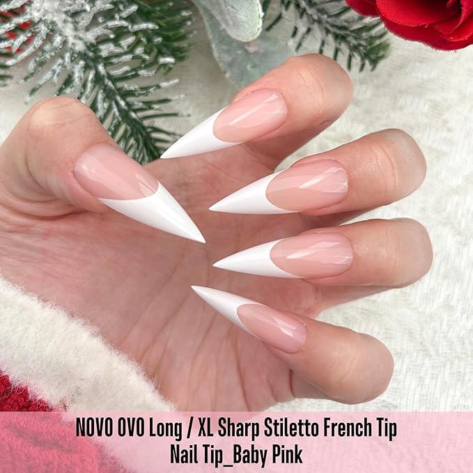 NOVO OVO White French Tip Long XL Sharp Stiletto Nail Tips Press on BABY PINK, Soft Gel Double Matte Fake Nail Extension, Full Cover False Nails for Acrylic DIY x 16 Sizes 160 pcs