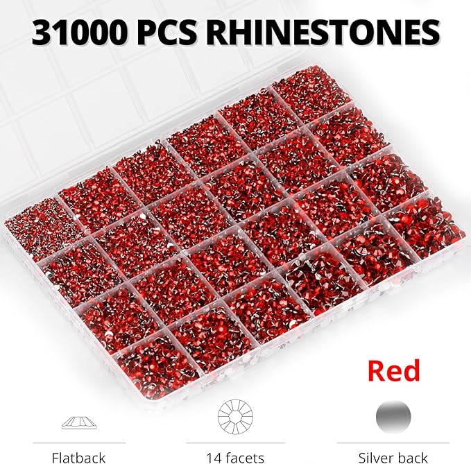 33000Pcs Red Rhinestones for Bedazzling, Bedazzler Kit with Flatback Craft Rhinestones Light Siam Bulk and B7000 Glue, 2,3,4,5,6mm Resin Flat Back Crystals for Craftings, Crafts, Clothes, Shoes, Nails