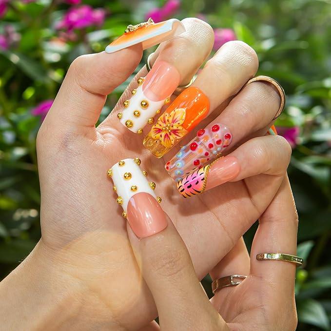 LOVFUL Short Press on Nails Tropical Trouble | Handmade Acrylic Press ons | Reusable Fake False Nails | Square Classic Regular 1.3in | H612-L