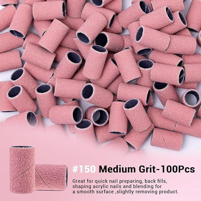 MelodySusie 100 Pcs Nail Drill Bits Sanding Bands for Nail Drill 150 Medium Grit Nail File Sanding Bands for Acrylic Nails Gel Manicures and Pedicure