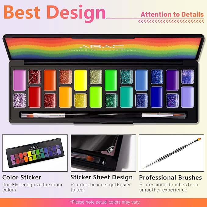 ABAC 24 Color Solid Gel Nail Polish,Ombre Gel Nail Polish,Pat Paint Nail Gel - Rainbow Shades Yellow/Ocean Blue Hema-Free w/Brush,LED Curing for Everyday Wear,Party Nails Pro Salon DIY Set
