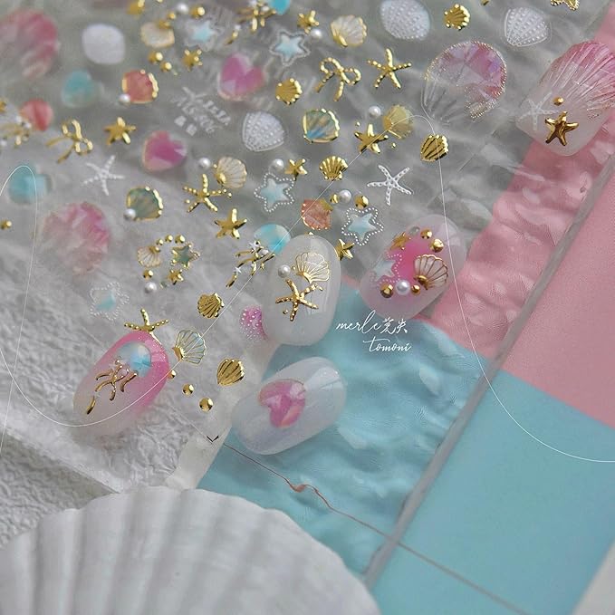 Laser Pearl Seashell Nail Stickers 5D Embossed Gold Ocean Nail Decals 3D Self-Adhesive Starfish Nails Supplies Jellyfish Nails Designs Summer Nail Art Decoration for Women DIY Manicure 1 Sheet
