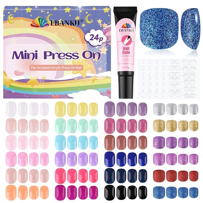 EBANKU 24 Pack Kid Fake Nail Kit, 576 Pieces Sparkle Press on Nails for Kids Colorful Stick on Nail Short Artificial False Nail Kits for Girls
