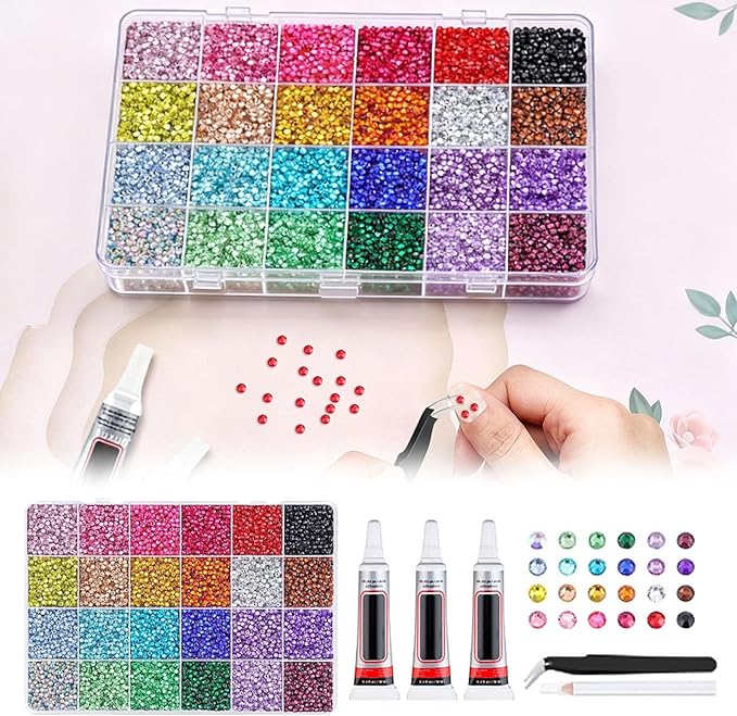 32000Pcs Resin Jelly Rhinestones for Bedazzling,3mm Multicolor Flatback Gems for Diamond Art Bedazzler Kit with 3Pcs 10ml Jewelry Glue for Nail Art Crafting Book Makeup (24000)