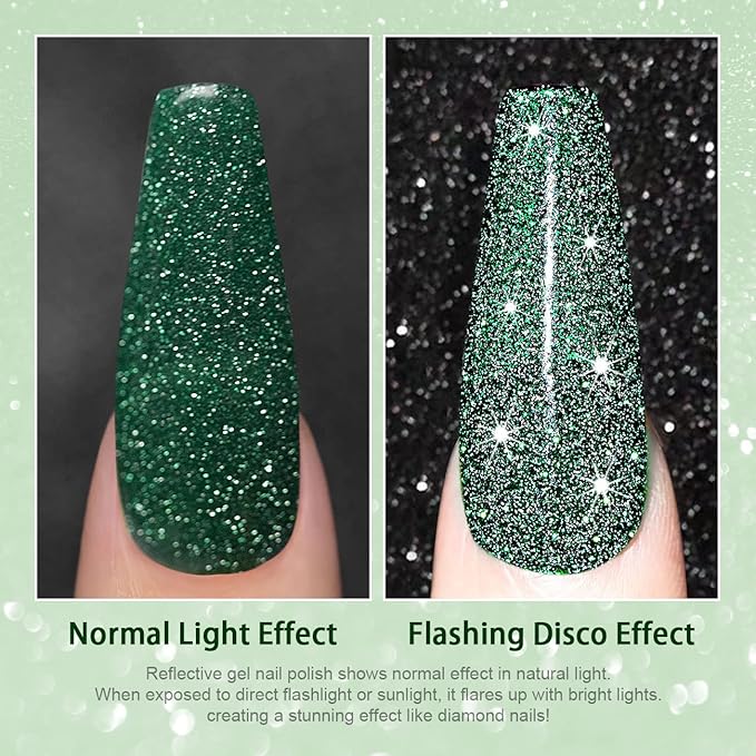 RARJSM Glitter Green Gel Nail Polish,Reflective Gel Polish Sparkle Glitter Flash Diamond Nail Gel Polish Soak off Disco Shimmer Gel Polish UV LED Curing Requires 15ml for Home Salon Diy Nail Manicure