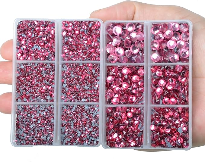 10000Pcs 2-Boxes Mixed Size Hot Fix Round Crystals Gems Glass Stones Hotfix Flat Back Rhinestones with Tweezers and Picking Pencil (Fuchsia)
