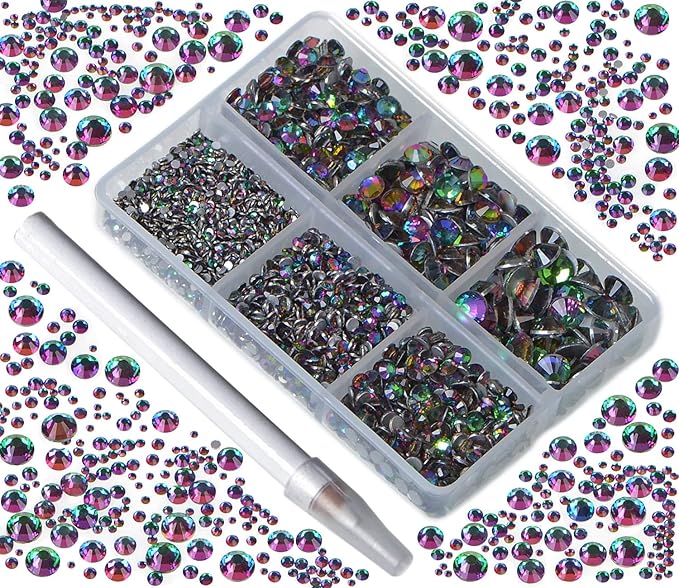 Bymitel 5000 Pieces 6 Mixed Sizes Glue Fix on Glass Rhinestones Round Crystal Gems Flatback for DIY Jewelry Making with one Picking Pen(6-Sizes 5000PCS, Green Volcanic)