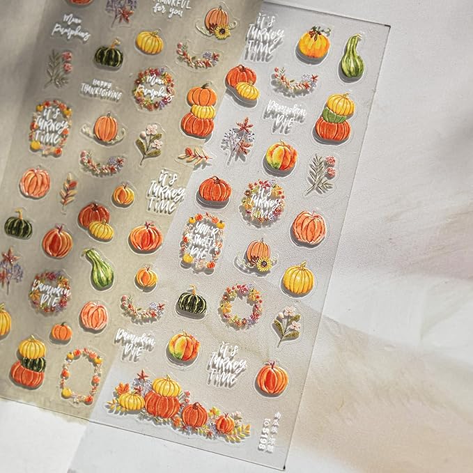 Pumpkin Nail Stickers Fall 3D Self-Adhesive Garland Nail Art Stickers Flower Nail Decals 5D Embossed Green Pumpkin Nails Designs Thanksgiving Nail Sticker for Women Girls Manicure 1 Sheet