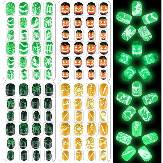 JANYUN 96 Pcs Halloween Luminous Kids Fake Nails False Nails Full Cover Glowing Stick on Nails with Skull Bat Spider Pumpkin for Girls Nail Art Party Decoration
