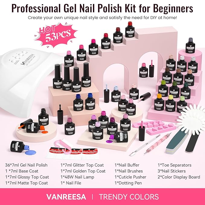 VANREESA Gel Nail Polish Kit with U V Light 53 Pcs Gel Polish Nail Set 36 Colors Nail Polish Set + Base and 4 Effects Top Coat with Manicure Tools Complete DIY Nail Kit Gifts for Women Girls