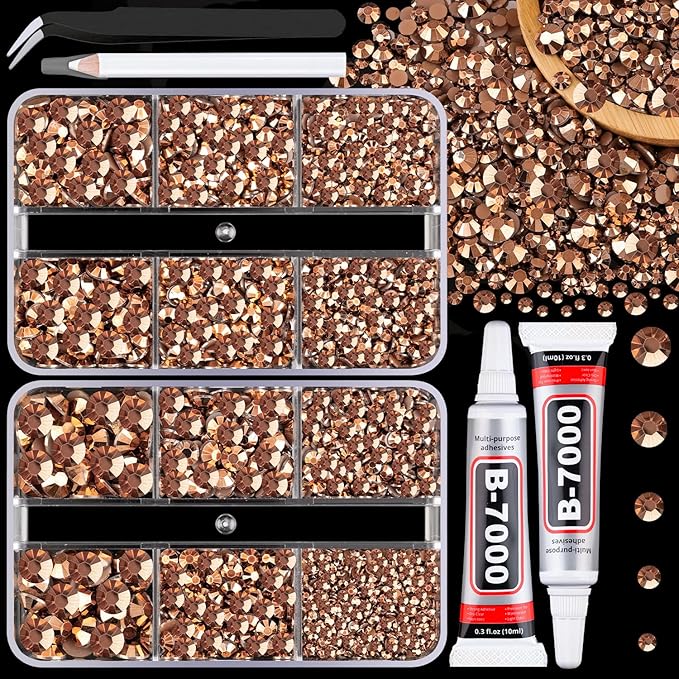 Resin Jelly Rhinestones for Crafting with B7000 Jewelry Glue, 2 Boxes Champagne Flatback Crystals with 2Pcs 10ml Glue, Bedazzling Non Hotfix Gems for DIY Tumblers Clothing Shoes Manicure