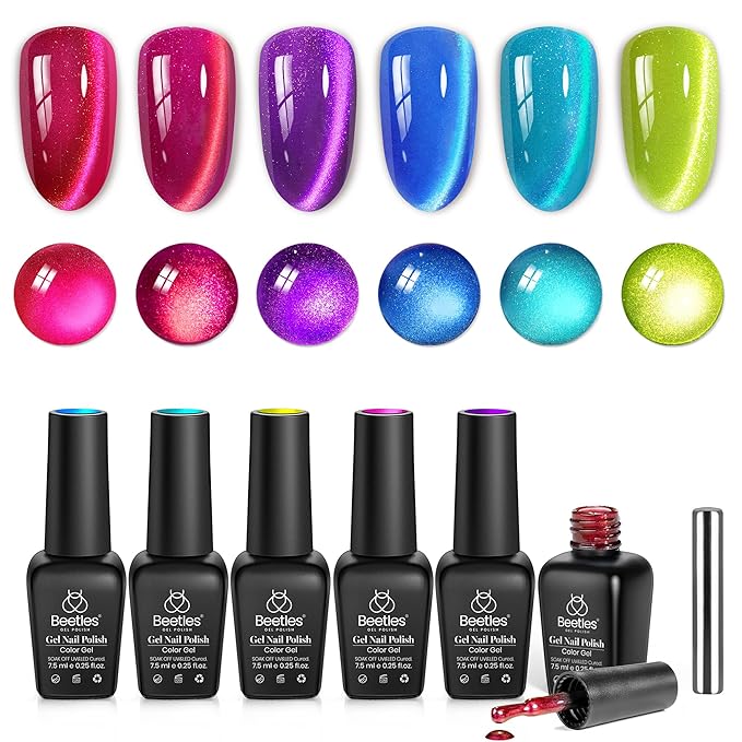 Beetles Fairy Prism Cat Eye Gel Nail Polish Set - 6 Colors Glitter Cat Eye Gel Polish Kit Red Green Blue Pink Purple Magnetic Shine Soak Off UV Salon DIY Manicure Spring Gift for Women
