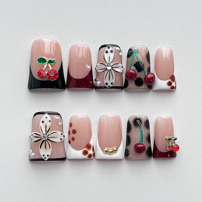 French Tip Press on Nails Handmade Short Duck 3D Floral Thick Acrylic Nails False Nails with Flower Rhinestones Pearls Cherry Tortie Designs Glossy Fake Nail Sturdy Art Press on Nail 10Pcs(S)