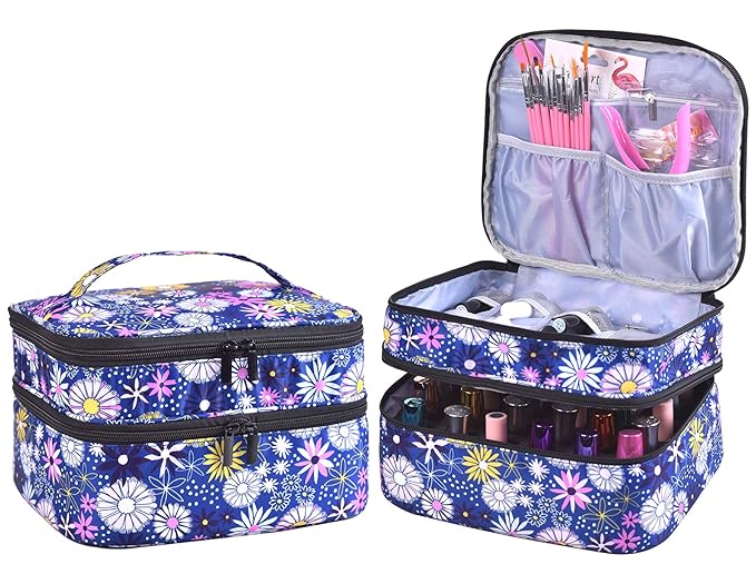 Nail Polish Organizer- Holds 30 Bottles Nail Supply Organizers and Storage Double-layer Nail Bag Organizer Case Nail varnish Organizer Nail Polish Storage Bag with Handle (Flower)