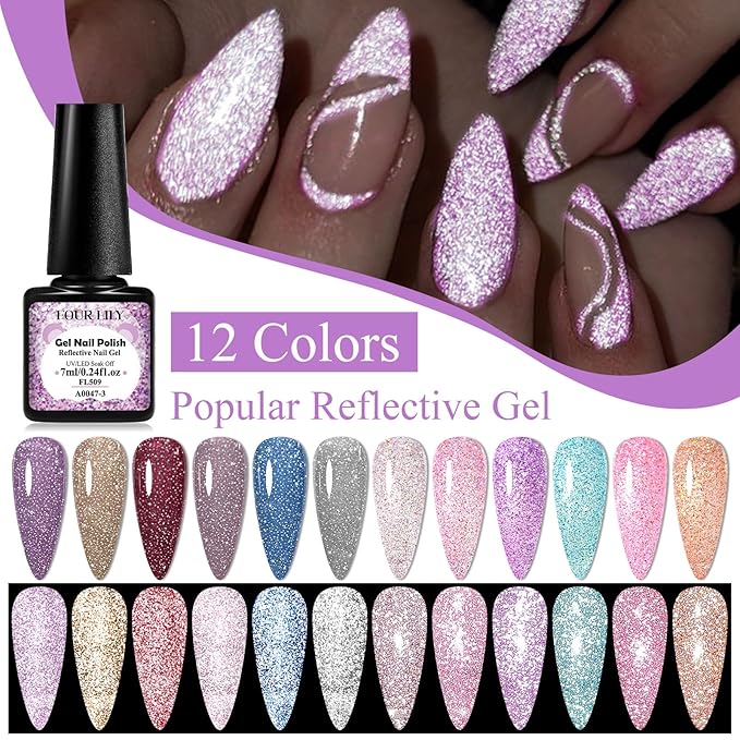 Reflective Glitter Gel Polish Christmas Pink Purple Brown Glitter Sparkly Shiny Disco DJ LED Gel Nail Polish Nail Varnish 12PCS 7ML