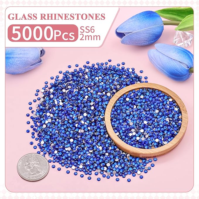 5000PCS SS6/2mm Crystal Rhinestones (Blue/Sapphire), Bedazzling Flatback Glass Rhinestones for Crafting, Gems Diomand Charms for Tumbler Shoes Clothing Mugs Nail Art
