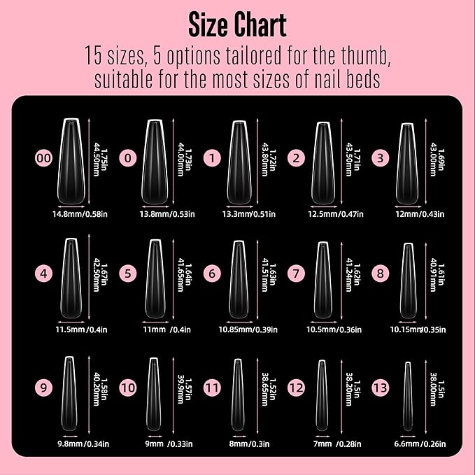 NOVO OVO Sculpted XXL Coffin Nail Tip for Curved Nail Beds, Extra Thick Long False Nails Press on, Full Cover Soft Gel Extension Fake Nail for Acrylic kit, Clear X 15 Sizes 300pcs