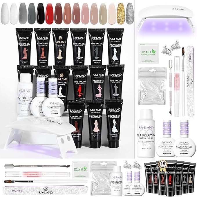 SAVILAND Hema-Free Poly Extension Gel Nail Kit:15 Colors Poly Nail Gel Natural Clear White Glitter Long Lasting with U V Light Slip Solution for Starter DIY Nail Art at Home Gifts for Ladies & Girls