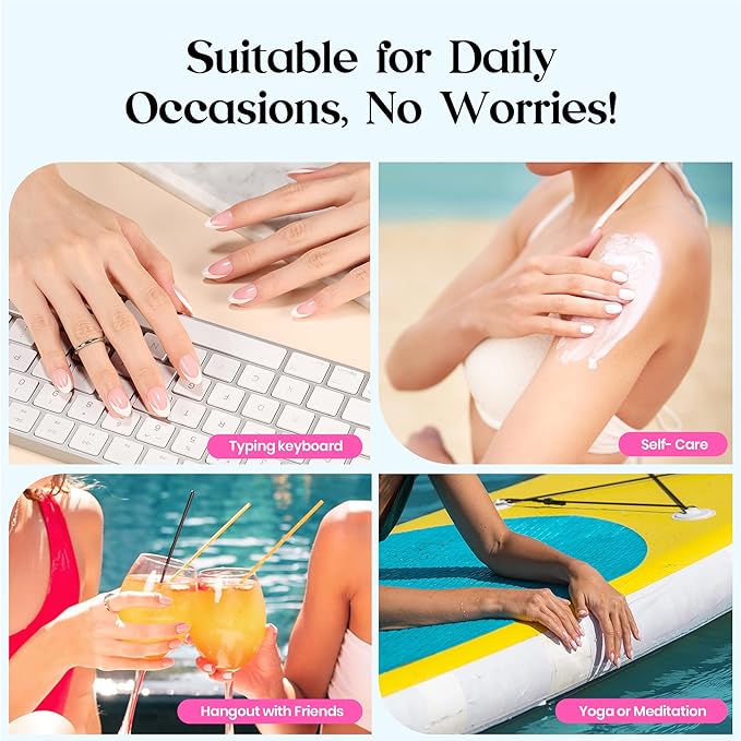 Beetles Summer Press On Nails 224 Pcs 7 Colors, French Tip Nails Medium Almond Classic Fake Nail Tips, Rainbow Soft Nail Gel False Nails Art DIY For Women