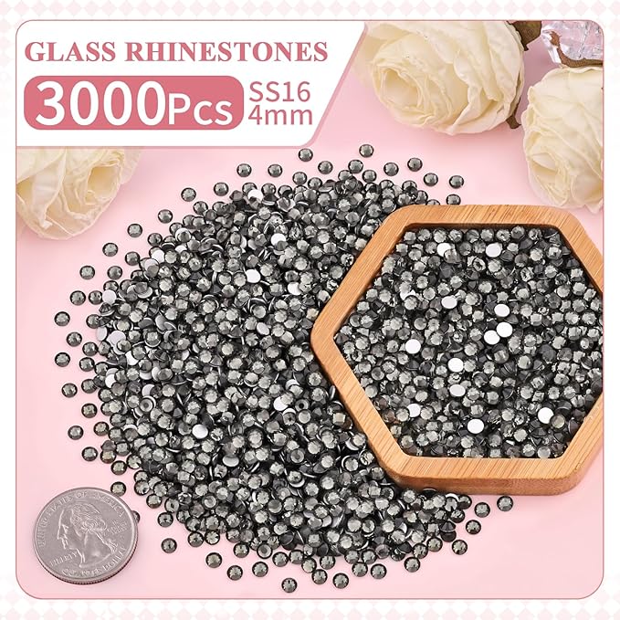3000PCS SS16/4mm Crystal Rhinestones (Black Diamond) with 2Pcs 10ml B7000 Jewelry Glue, Bedazzling Flatback Glass Rhinestones for Crafting, Gems Diomand Charms for Tumbler Shoes Clothing Mugs Nail Art
