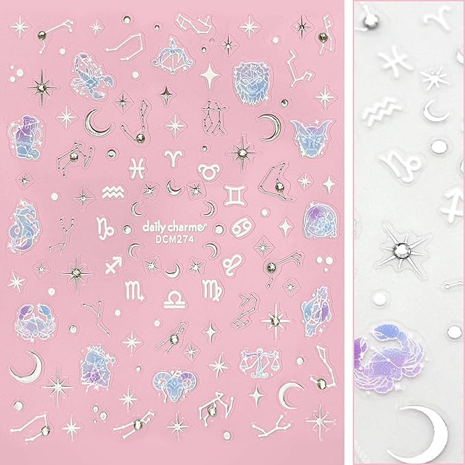 Daily Charme Celestial Bejeweled Holographic Self-Adhesive Nail Art Decal Sticker Bundle Moon Star Unicorn Zodiac Nail Art Designs for Women DIY Nail Decorations
