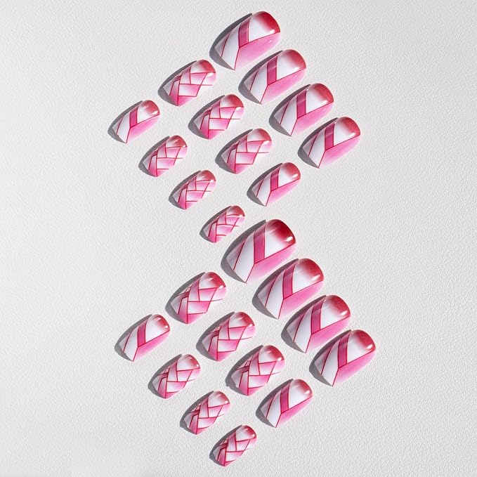 Square Press on Nails Medium Fake Nails with Designs Red Lines Stick on Nail Retro Red Gradient Acrylic False Nail Glossy Artificial Nail Full Cover Glue on Nails for Women