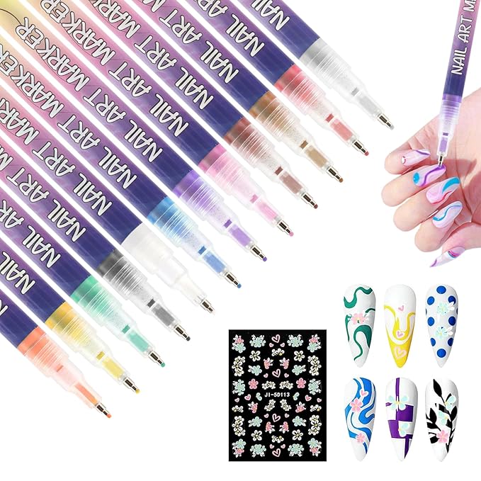 12 Colors Nail Art Pens Set, Nail Polish Pens Quick Dry Na il Polish Markers for DIY Na il Art Design, Acrylic Painting & Dotting, Manicure Tools for Beginners & Professionals