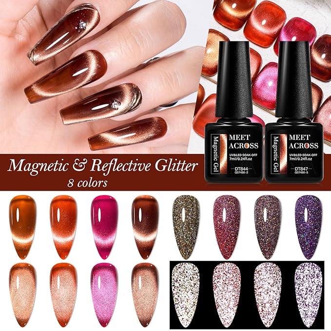 MEET ACROSS 8pcs Nail Polish Set, Soak off UV LED Lamp Cat Eye Gel Set, Home Manicure Kit 7ml (Amber Cat Eye + Diamond Gel)
