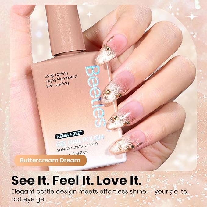 Beetles Buttercream Dream Nude Cat Eye Gel Nail Polish - 15ML Nude Gel Polish Cat Eye Base Color Glitter Magnetic Translucent Glassy Effect Soak Off UV French Nail Art DIY Manicure Gifts for Wome