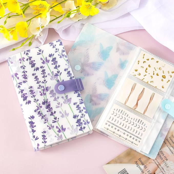 2PCS 240 Slots Flower Butterfly Nail Art Sticker Storage Books Purple Blue Wisteria Organizer Binders Transparent Collecting Album Photo DIY for Notebooks Diary Journal Planner