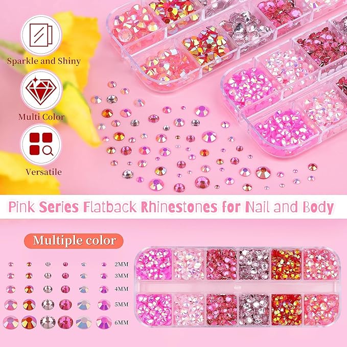 5 Boxes 12420pcs Sparkling Crystal Nail Rhinestones Kit, Flatback Multicolor Transparent Jelly AB Mermaid Gems with Pick Up Pen and Curved Tweezers for Manicure Salon & Craft DIY Designs (Pink)