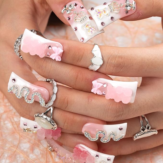 LOVFUL Press on Nails Marshmallo Gummy Bear Square | Handmade with Full Covered Crystals | Reusable Full Cover Nails | Duck Classic Regular 1.3 in | H26-M