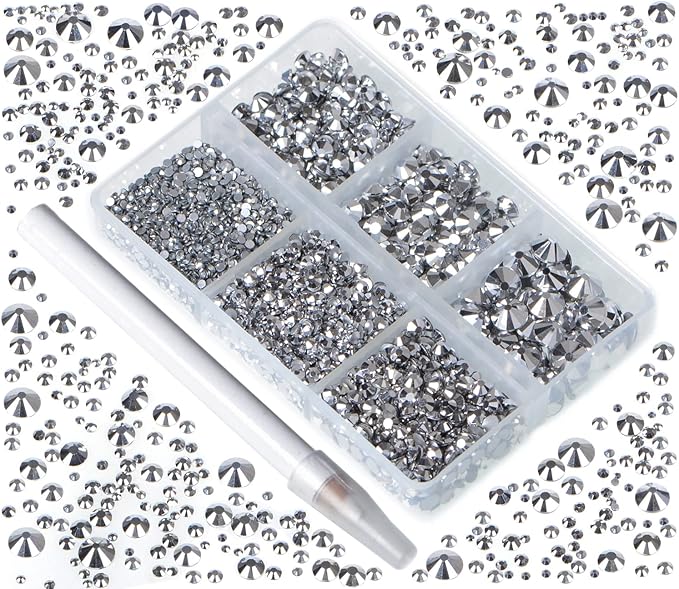 Bymitel 5000 Pieces 6 Mixed Sizes Glue Fix on Glass Rhinestones Round Crystal Gems Flatback for DIY Jewelry Making with one Picking Pen(6-Sizes 5000PCS, Labrdor)