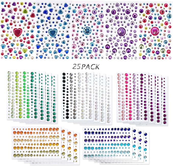 2800PCS 25 Sheets Self-Adhesive Jewel Stickers Rhinestones Jewels Rhinestone Stickers DIY Gem Rhinestone Multi Color Gemstone Embellishments Assorted for Makeup, Festival, Crafts & Embellishments
