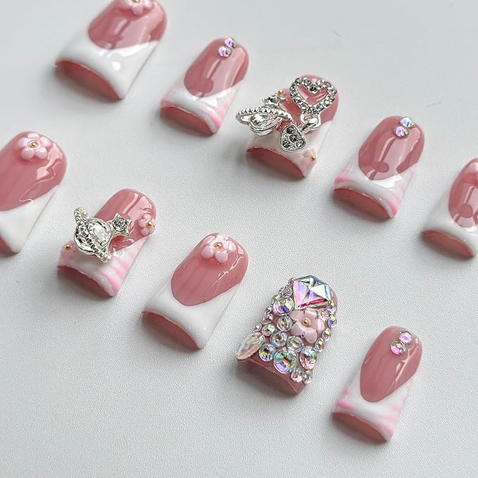 Luxury Press on Nails Short Duck Handmade 3D Unique Reusable ABS Material Fake Nails White French Tip False Nails with Designs Pink Flower Rhinestones Glossy Glue on Nail Thick Acrylic Nail(M)