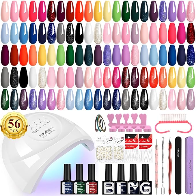 phoenixy Gel Nail Polish Kit with U V Light 48W, 56 Pcs 108 Effect Gel Nail Polish Kit Base Glitter Matte Top Coat Manicure Tools Gifts for Women