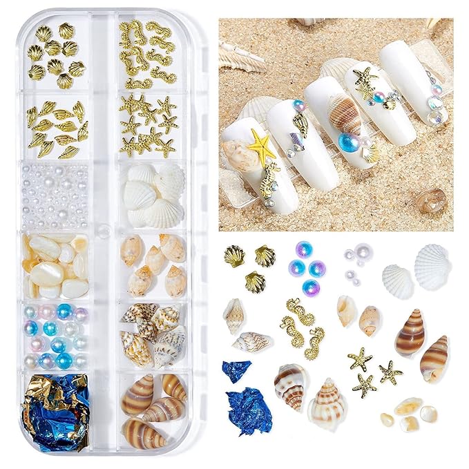2 Boxes Summer Beach Nail Studs & Rivets - Ocean Theme Shell Starfish Conch Charms - Sea Series DIY Nail Art Decoration (3-4)