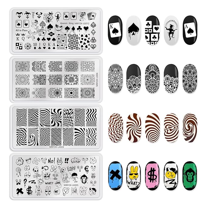 8PCS Halloween Nail Stamping Plates, Pumpkin Skull Bat Poker Image Stainless Steel Stencil, DIY Nail Art Template Tools