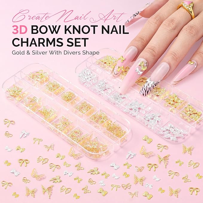 MelodySusie 3D Nail Charms and Gems, 2 Acrylic Boxes Bowknot Golden Silver Alloy Butterfly Bow Nail Art Studs With Tweezer for Y2K Manicure Nails Design Supplies DIY Crafts Decoration