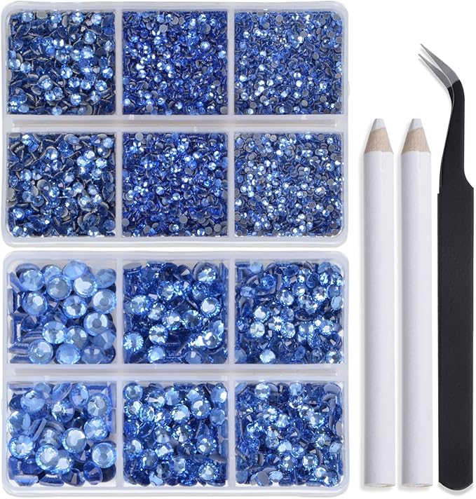 Bymitel Hotfix Crystal Rhinestones Round Gems for Crafts,Mixed 6 Sizes with Wax Pencil Kit, Lt. Sapphire 1.6-6.3mm SS4-SS30/8000pcs