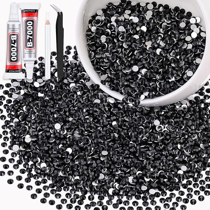 5000PCS SS10/2.8mm Crystal Rhinestones (Jet Black) with 2Pcs 10ml B7000 Jewelry Glue, Bedazzling Flatback Glass Rhinestones for Crafting, Gems Diomand Charms for Tumbler Shoes Clothing Mugs Nail Art