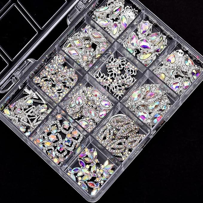 120pcs Nail Art Rhinestones Kit - 12 Styles Gradient AB Silver Glitter Nail Charm Gems for DIY Manicure, Jewelry Making, Craft Decor, Y2K Women Girl Nail Beginners Designers, Acrylic Nail Supplies