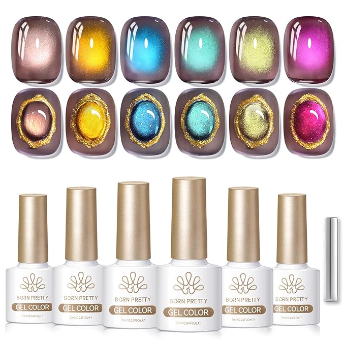 Born Pretty Cat Magnetic Eye Gel Nail Polish Set,6 Colors Glitter Green Blue Brown Gel Polish Cat Holographic Magnetic Nail Polish Nails Art Manicure Salon DIY at Home 7ML