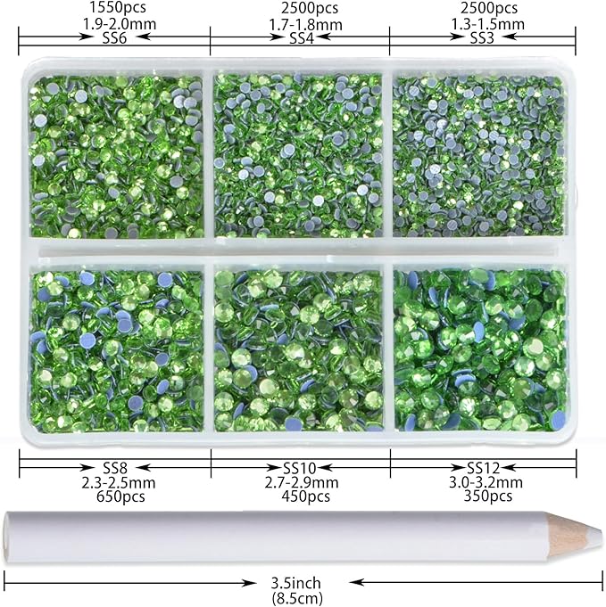 NCB Hotfix Iron on 8000pcs Crystal Rhinestones Round Gem for Crafts Decoration DIY Jewelry Making with a Picking Pen (Peridot, 6Sizes SS3-SS12)