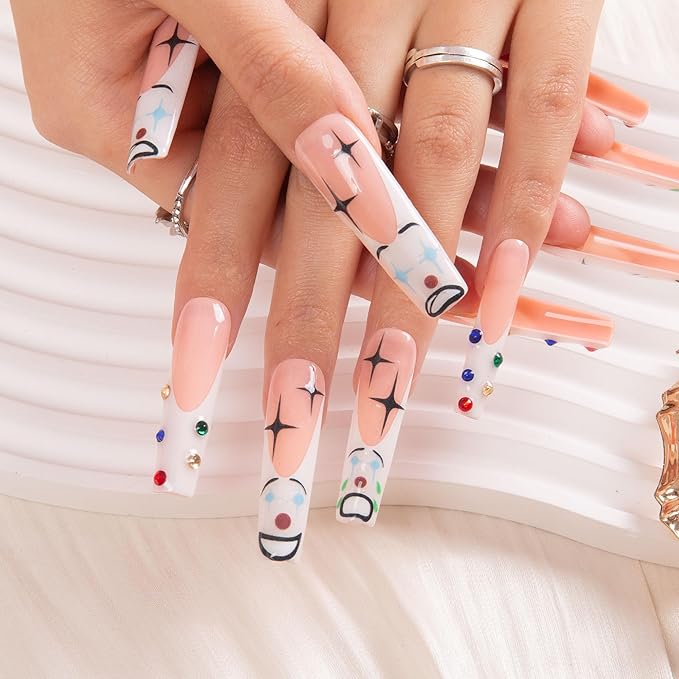 LOVFUL Press on Nails Clown| Handmade with Full Covered Crystals| Reusable Fake Nails| Square Mid length 1.7in| H139-M