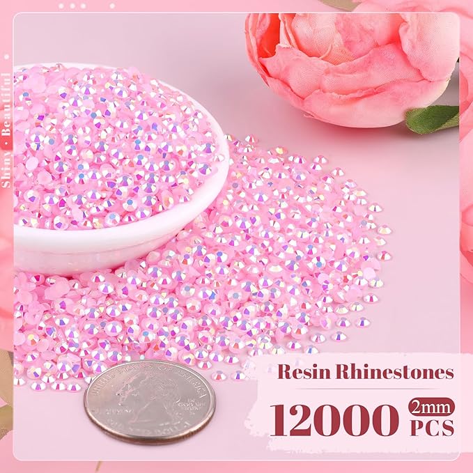 12000PCS 2mm Resin Jelly Rhinestones in Bulk (Light Pink AB), Bedazzling Flatback Crystals Rhinestones for Crafting DIY Nail Decoration, Gems Diomand Charms for Tumbler Shoes Clothing Fabric